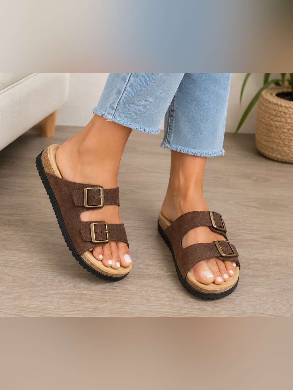 Brown Double Buckle Comfort Slide Sandals Size 37 NWOT